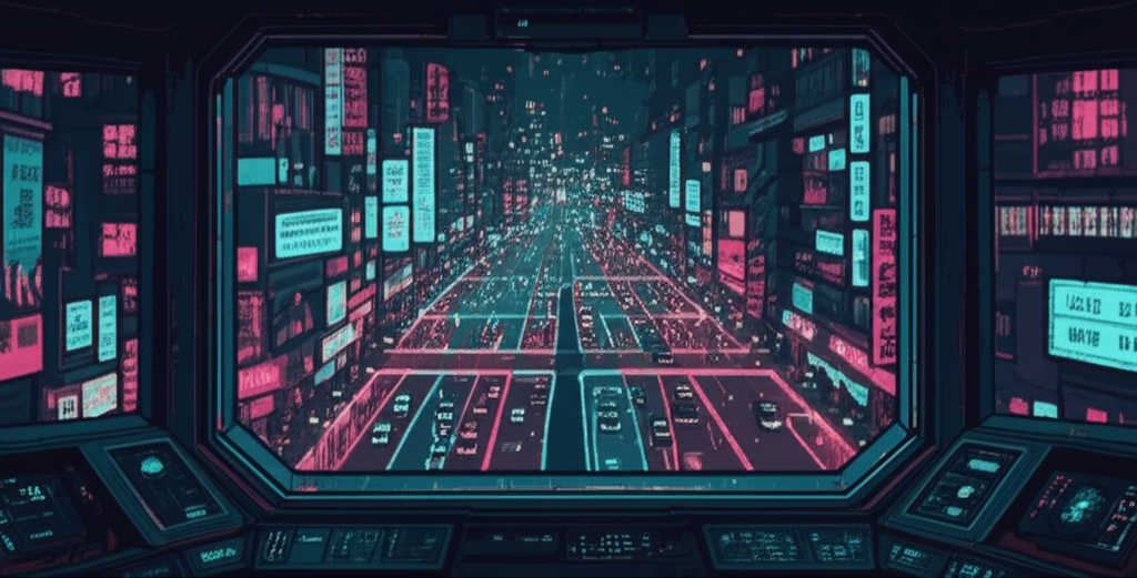 The view from the control room window: a city at night where the lights are beginning to move in patterns that shouldn't be possible. Advertising screens all showing the same message. From above, the pattern would spell something