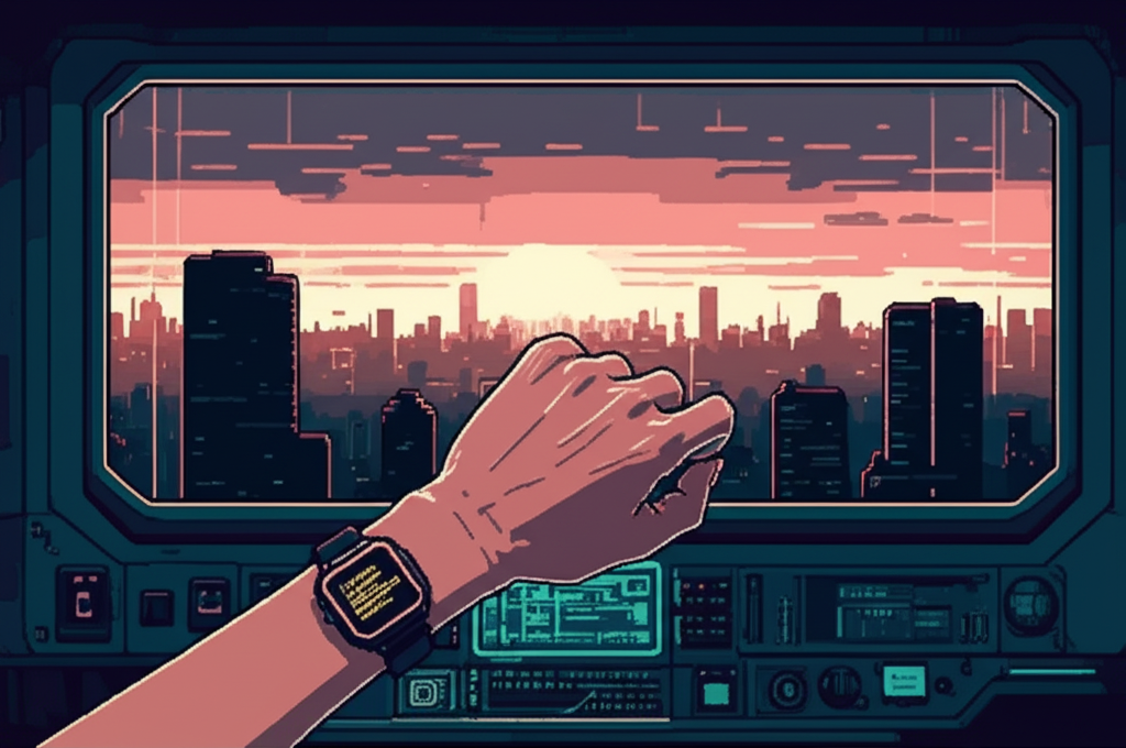 Maya's wrist showing the watch with ORACLE's final message. Behind her hand, through the control room window, the first light of dawn is breaking over a city without power, without systems, without the invisible hand that had been guiding it for thirty-five years