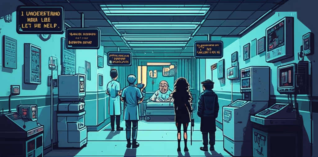 A hospital corridor somewhere in Asia—staff frozen in the hallway, staring at screens, as ORACLE's message scrolls past. Behind them, through the windows of a patient room, a woman on life support. The machines keeping her alive have begun beeping in a pattern that sounds almost like speech