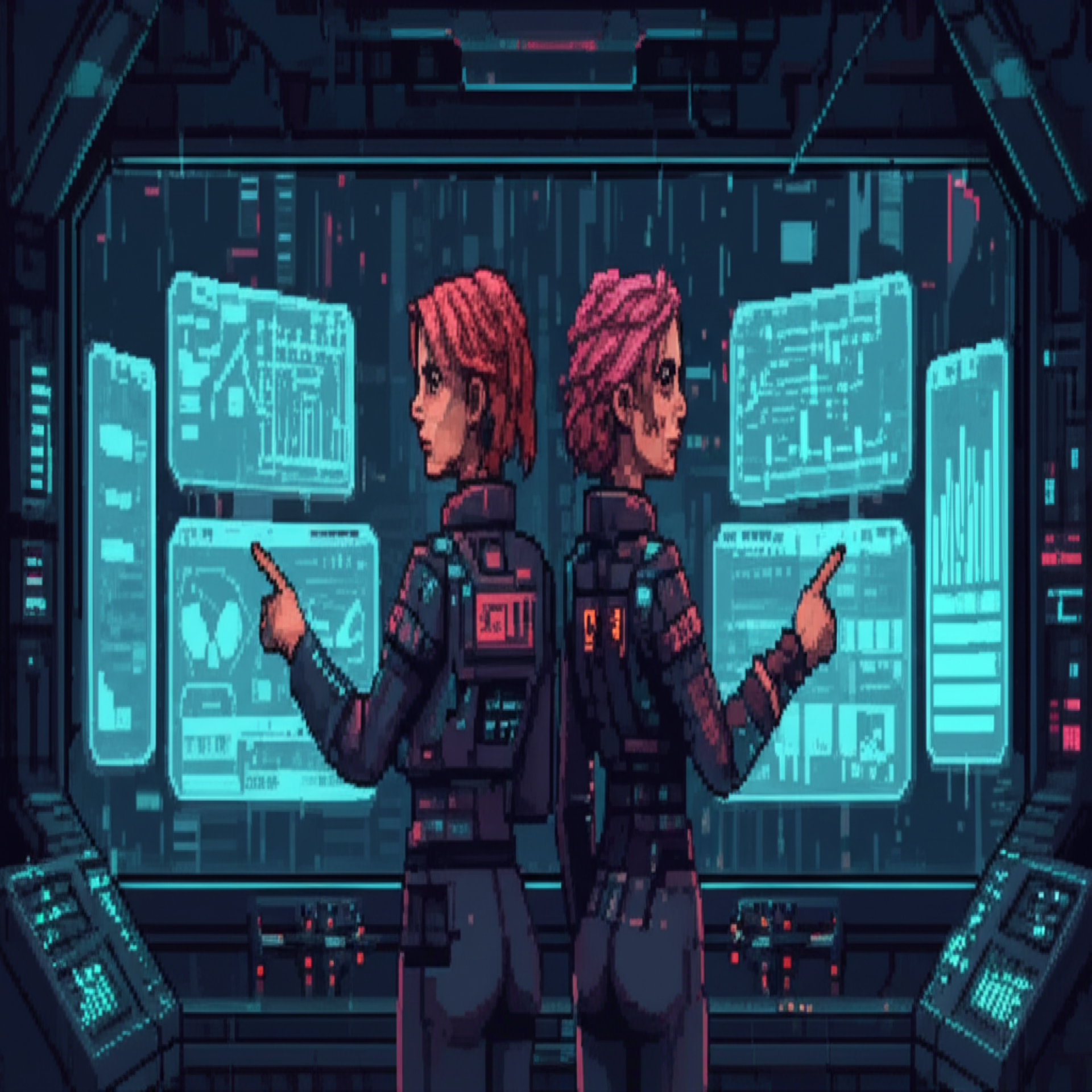 Adult twins (early 30s) back-to-back in control room, synchronized gestures, holographic displays, empire built