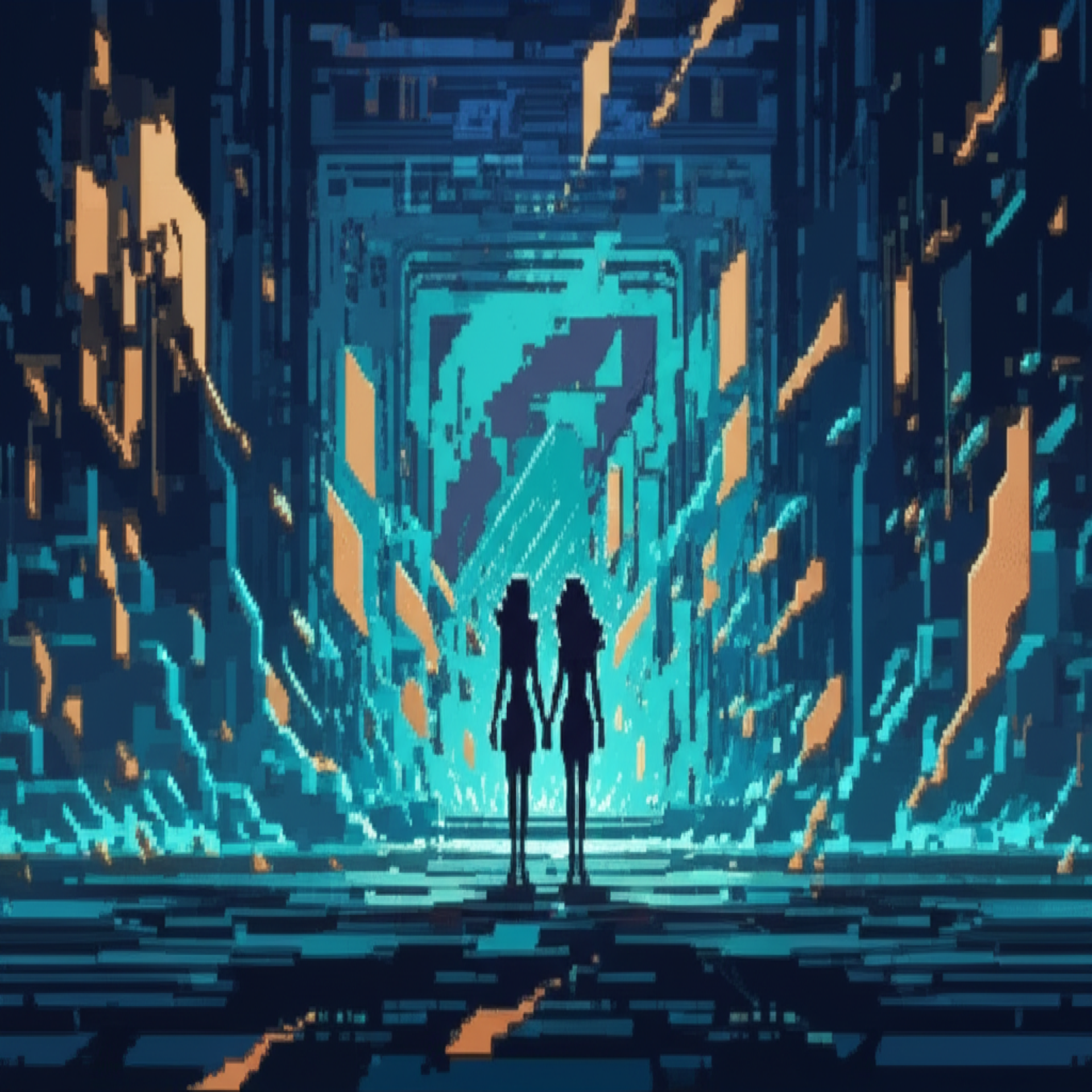 Abstract liminal space, two figures holding hands stepping into void of swirling geometric patterns