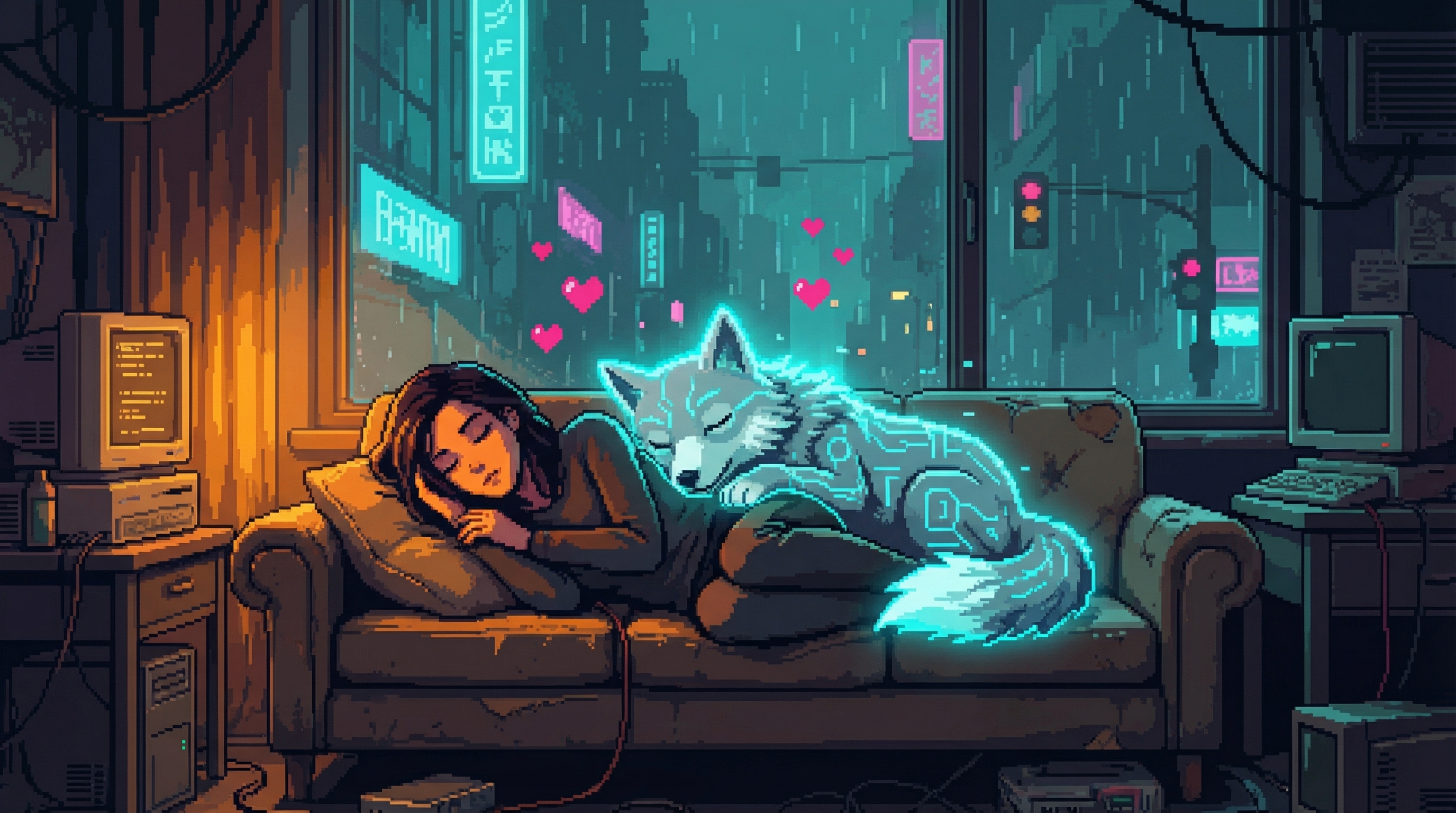 GG asleep by window, city lights soft through rain, Chompy manifesting as a curl of digital fluff nuzzled against her, hearts floating like dreams