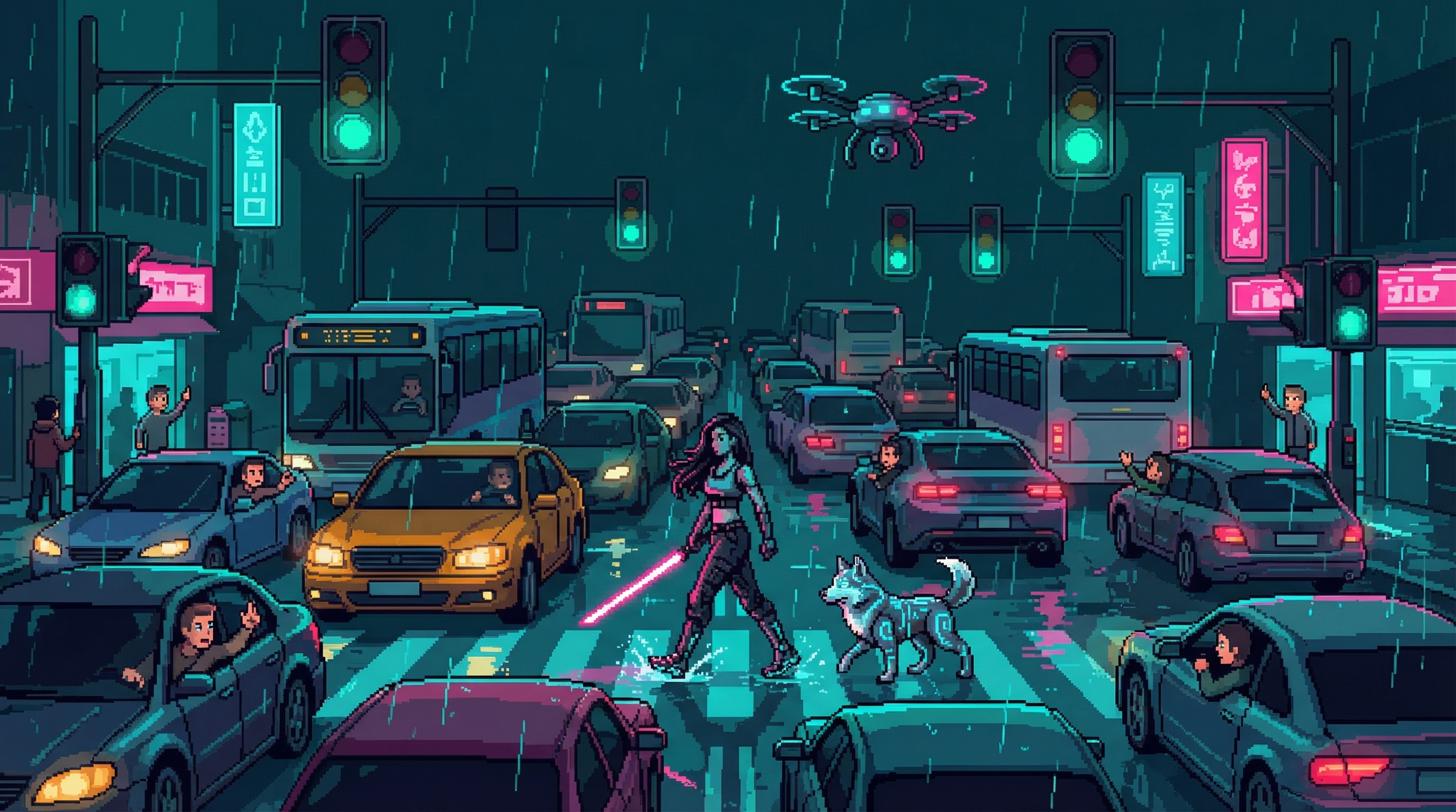 All traffic lights showing green simultaneously, cars stopped in confusion, while GG walks calmly through the chaos