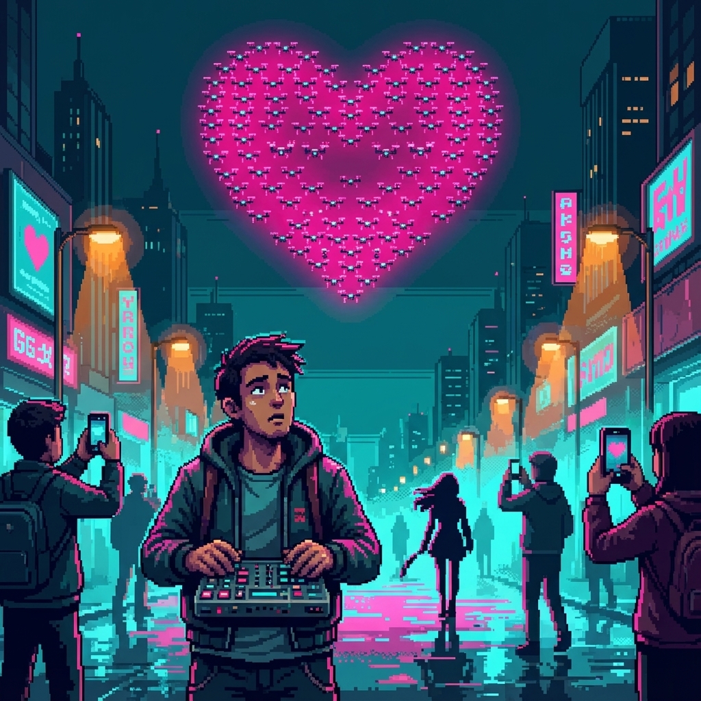 A street performer's drone swarm arranged into a massive heart shape in the night sky, the performer looking confused at his control pad