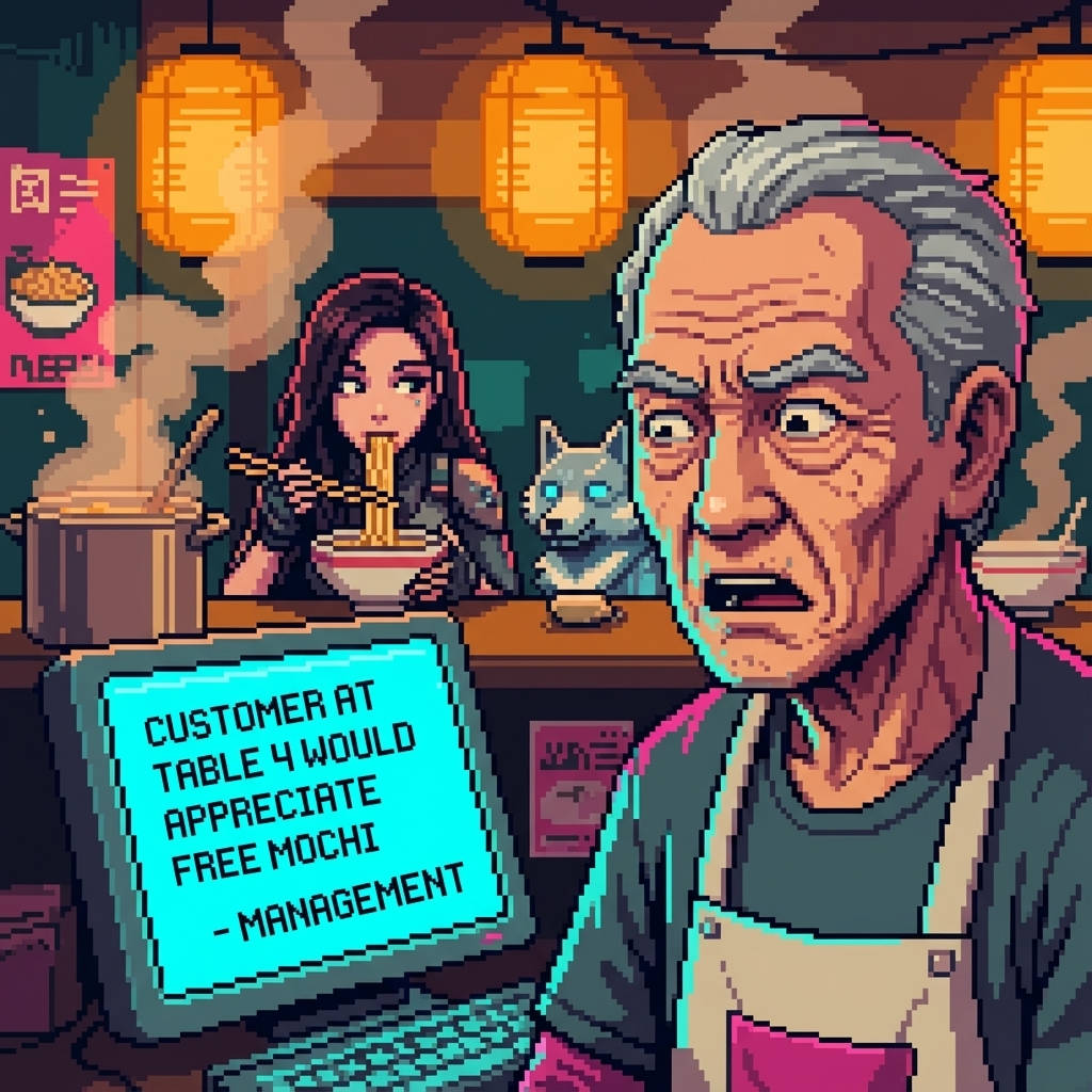 Close-up of noodle shop owner staring at terminal displaying 'CUSTOMER AT TABLE 4 WOULD APPRECIATE FREE MOCHI - MANAGEMENT', GG eating faster in background