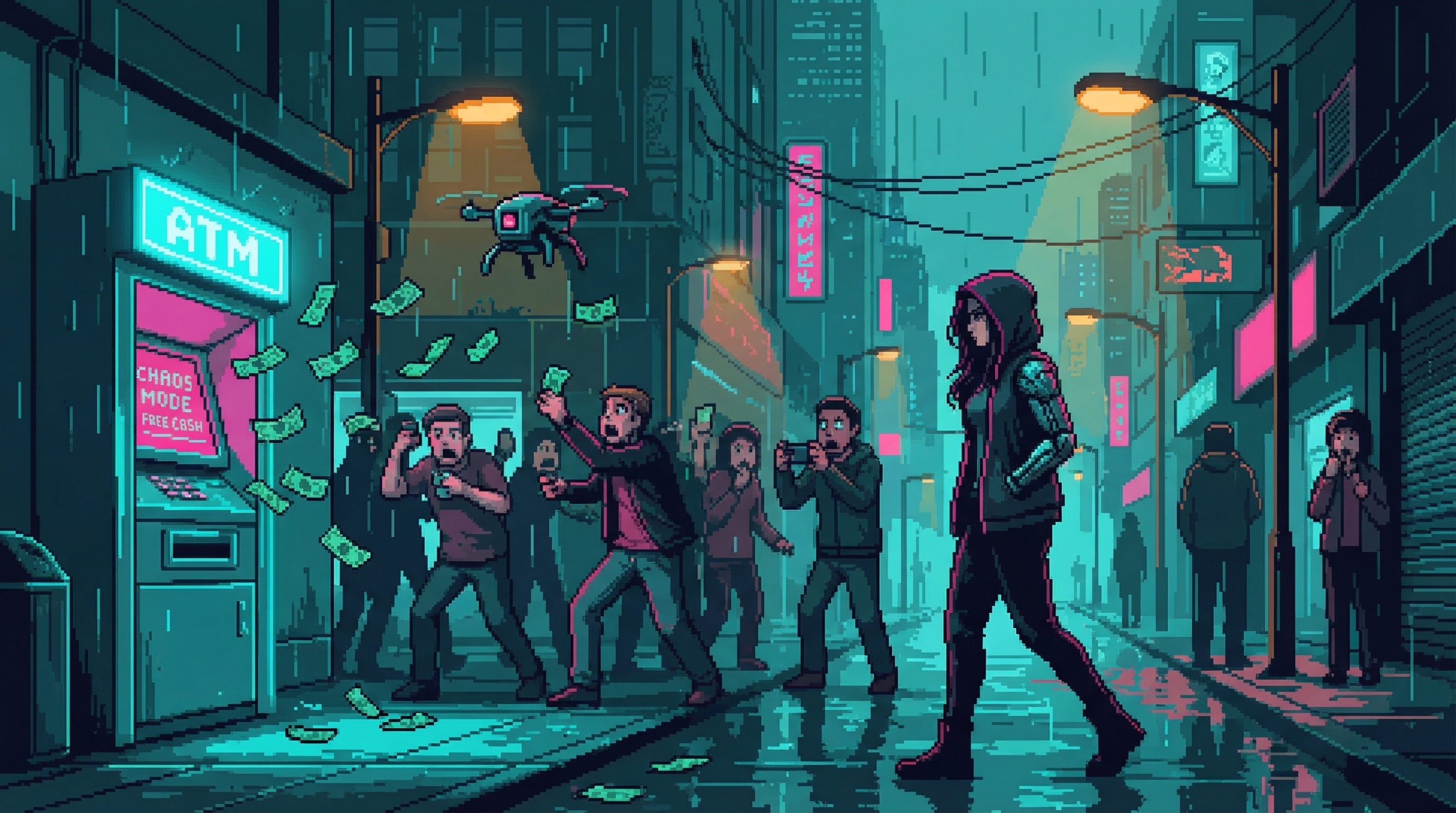 ATM on rainy street corner dispensing cash wildly, bills fluttering through air, crowd grabbing money, GG walking past hood up