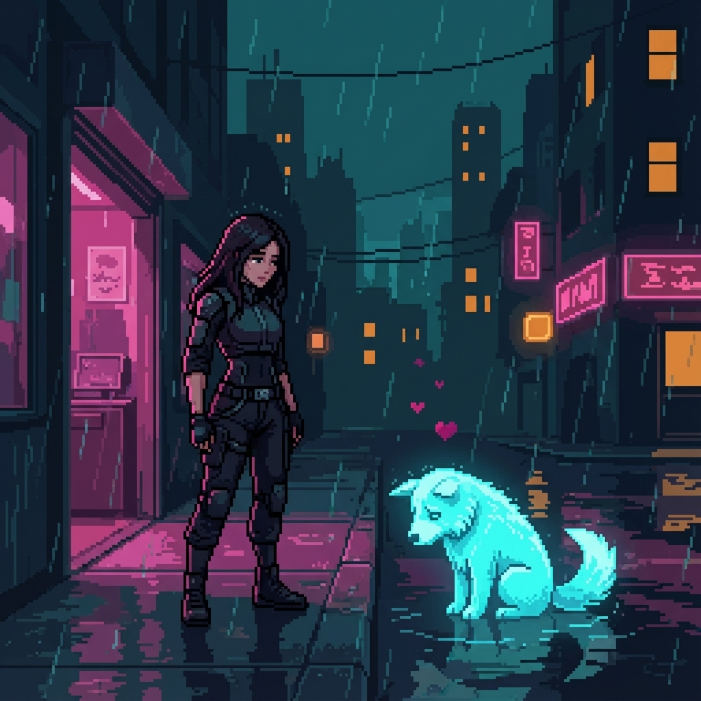 GG stopped on rainy sidewalk, expression softened, at edge of visibility Chompy glows with drooped ears and dim hearts