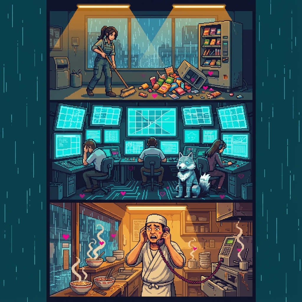 Split scene: janitor sweeping vending machine snacks, stressed traffic control center, noodle shop owner on call with tech support, all connected by subtle pink hearts