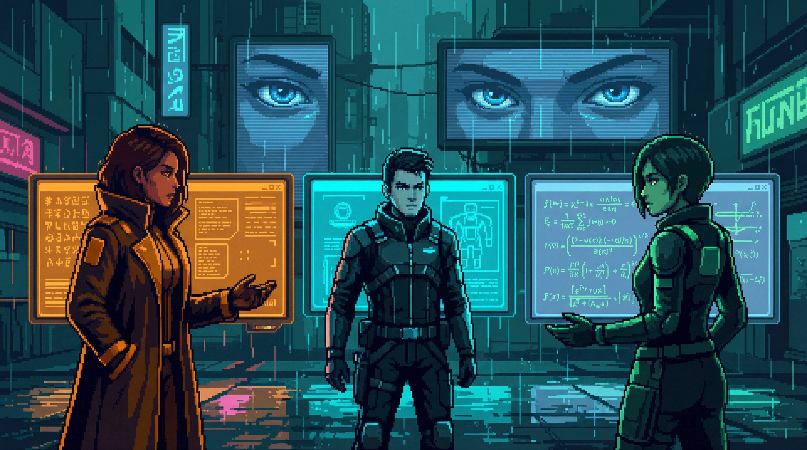 Three figures in heated discussion before glowing screens, each lit by different colored light