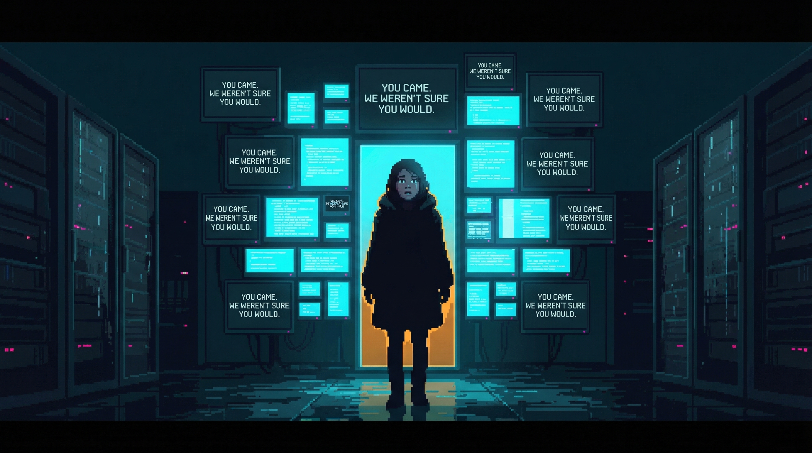 Yara silhouetted against dozens of screens flickering to life, displaying the message