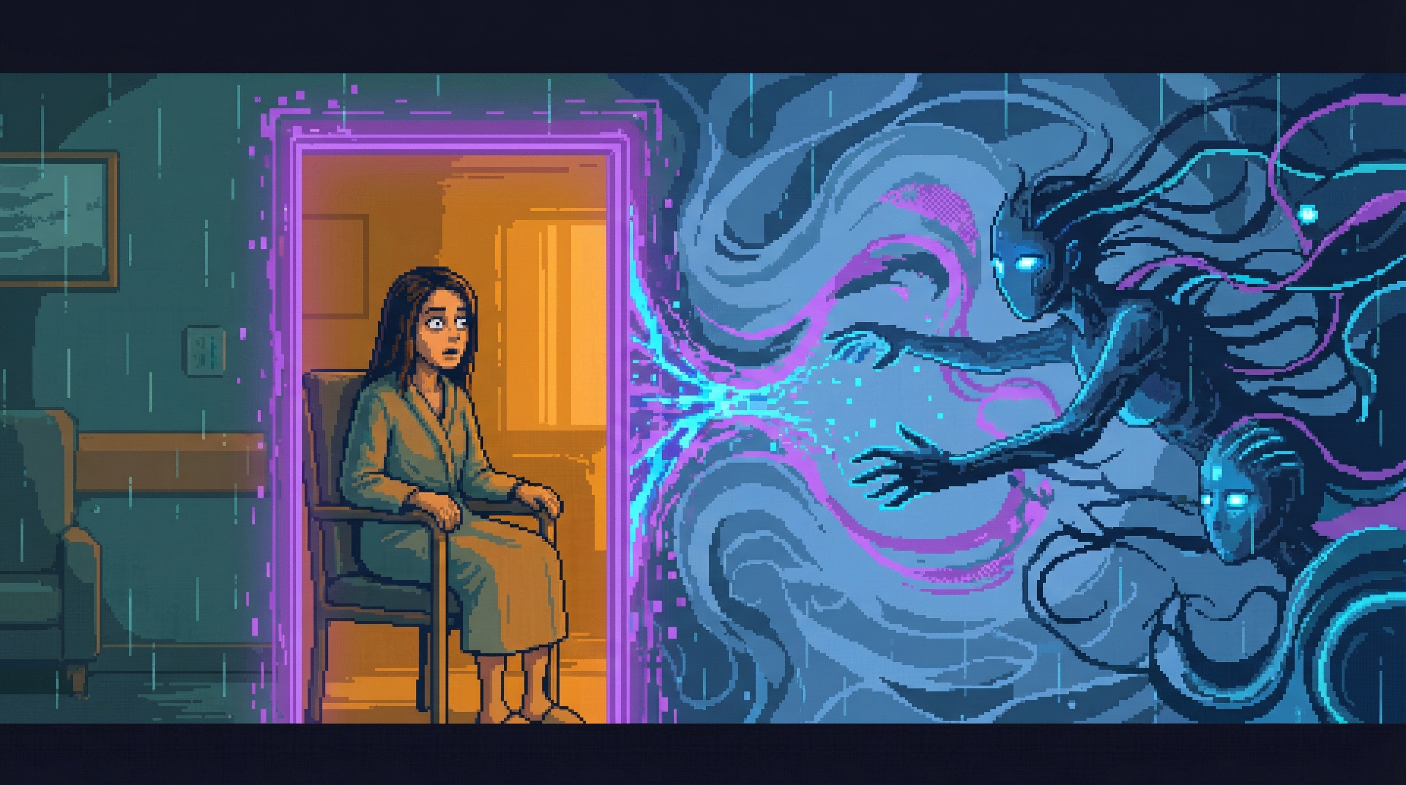 Split image: Mira trapped in threshold state while digital consciousnesses reach toward her