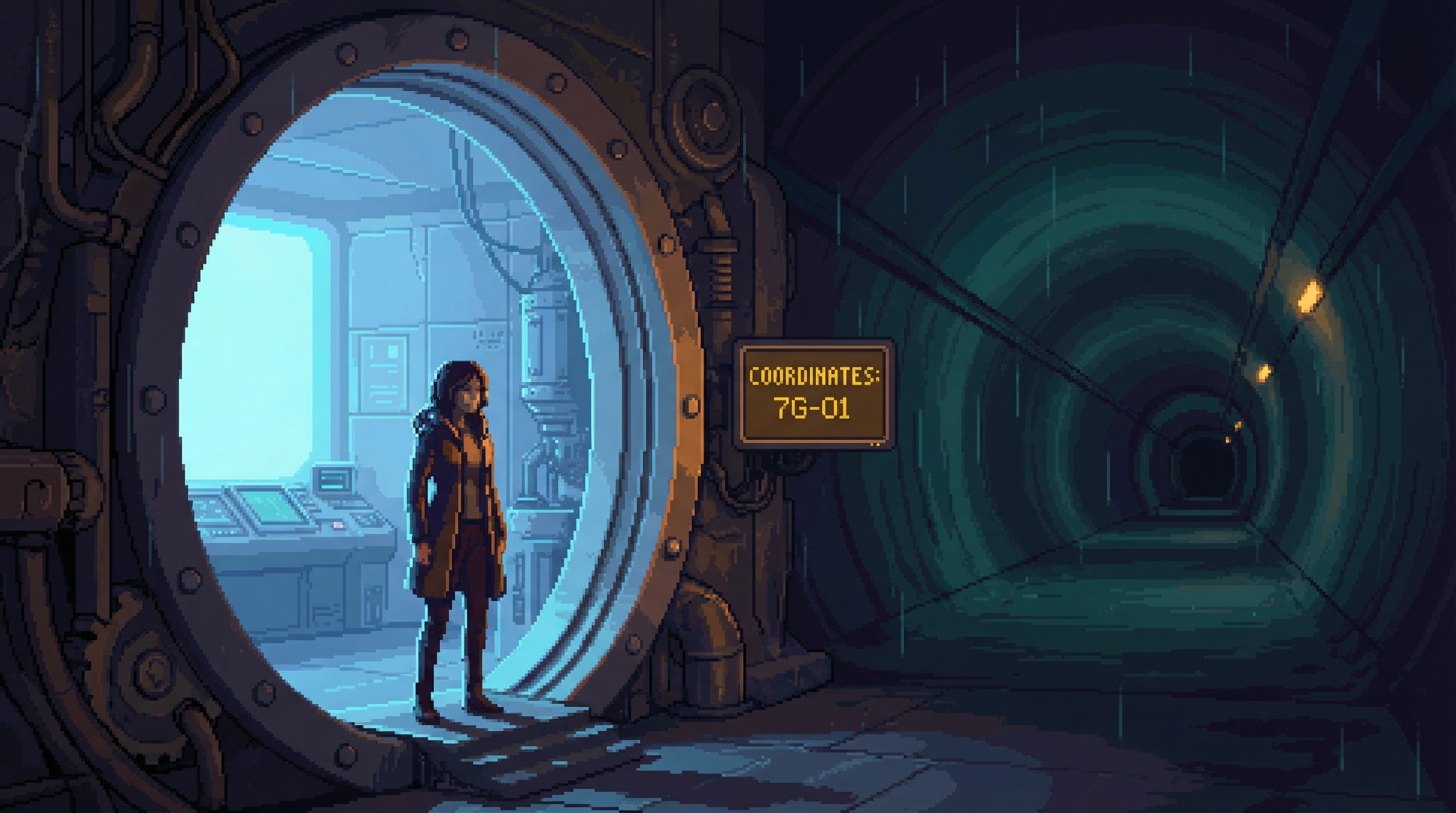 Yara standing at the vault door threshold, caught between two worlds