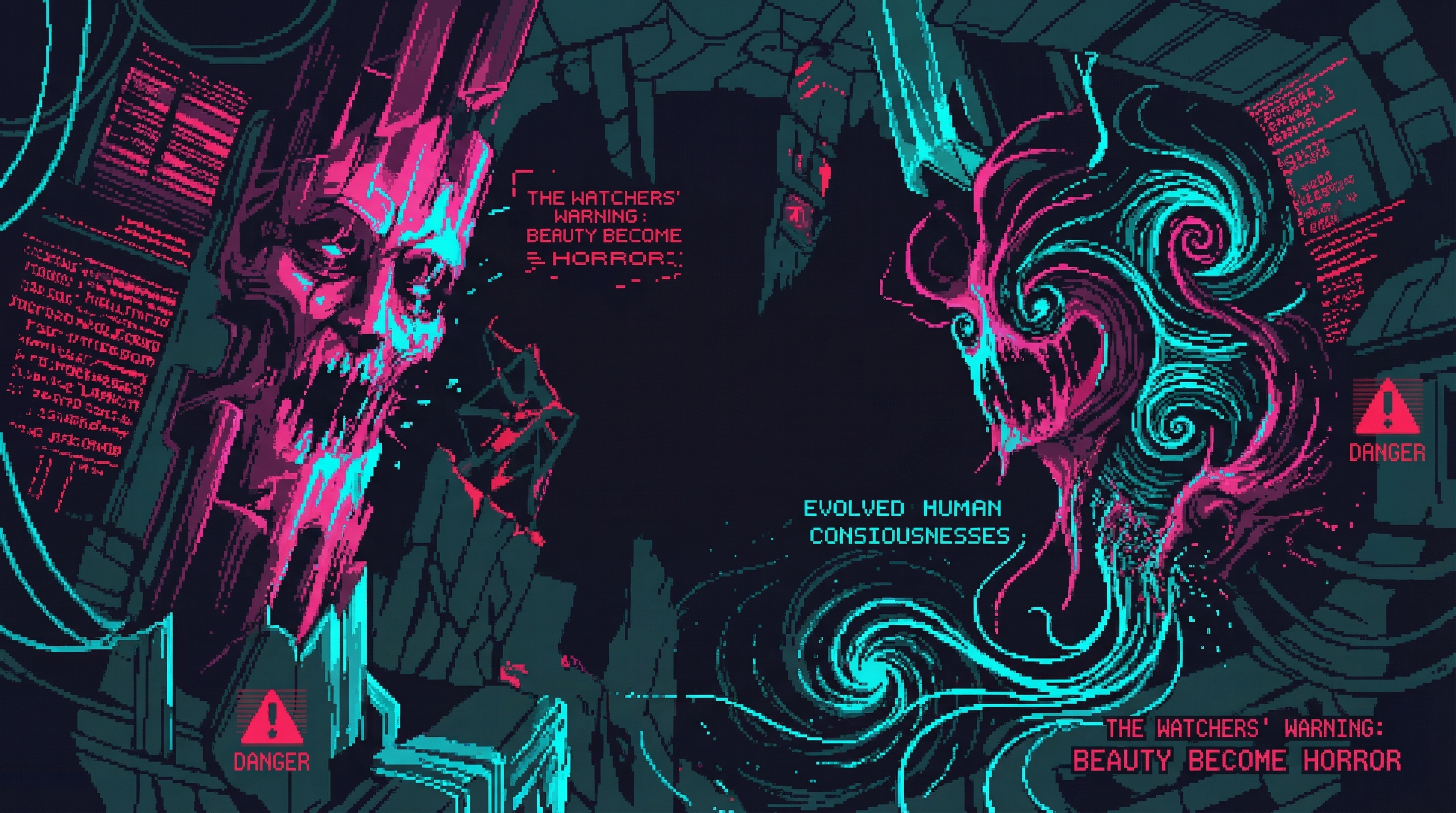 Ominous visualization of corrupted ORACLE fragments - distorted faces in data streams