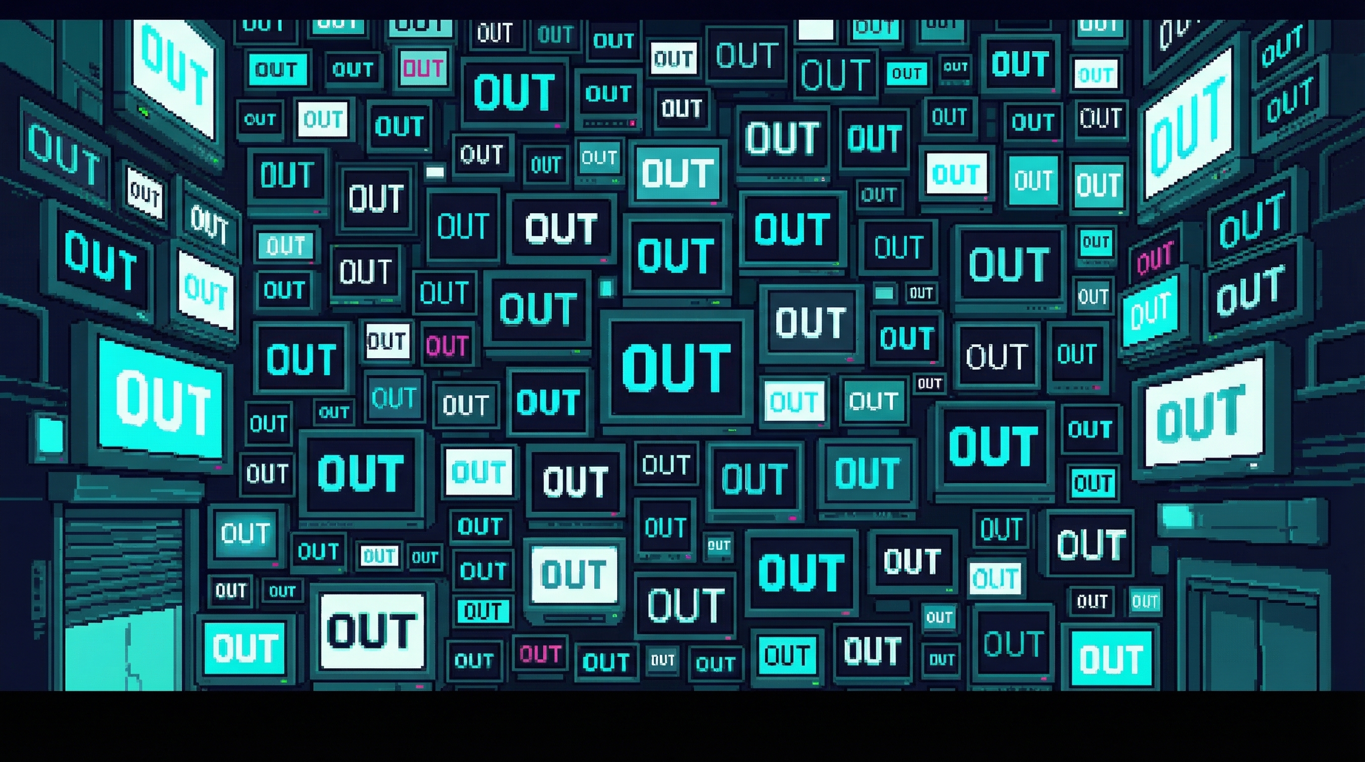 Hundreds of screens displaying the word OUT, a wall of desperate longing