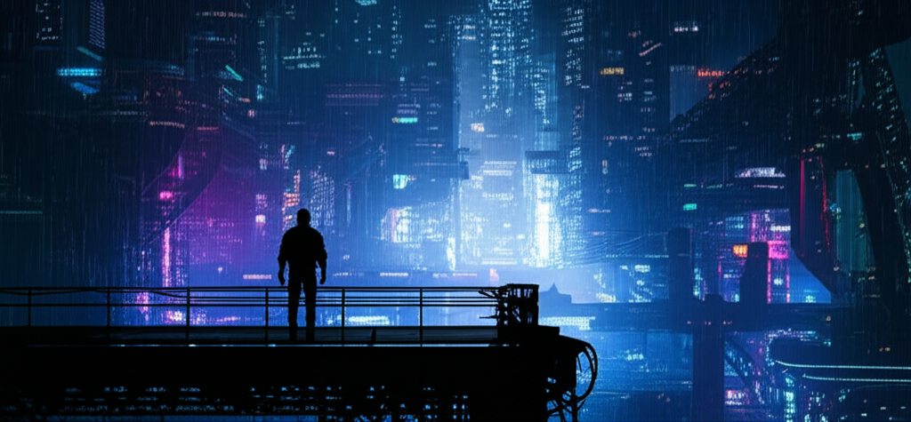 Human figure standing alone in vast automated cityscape, surrounded by efficient machines that no longer need them