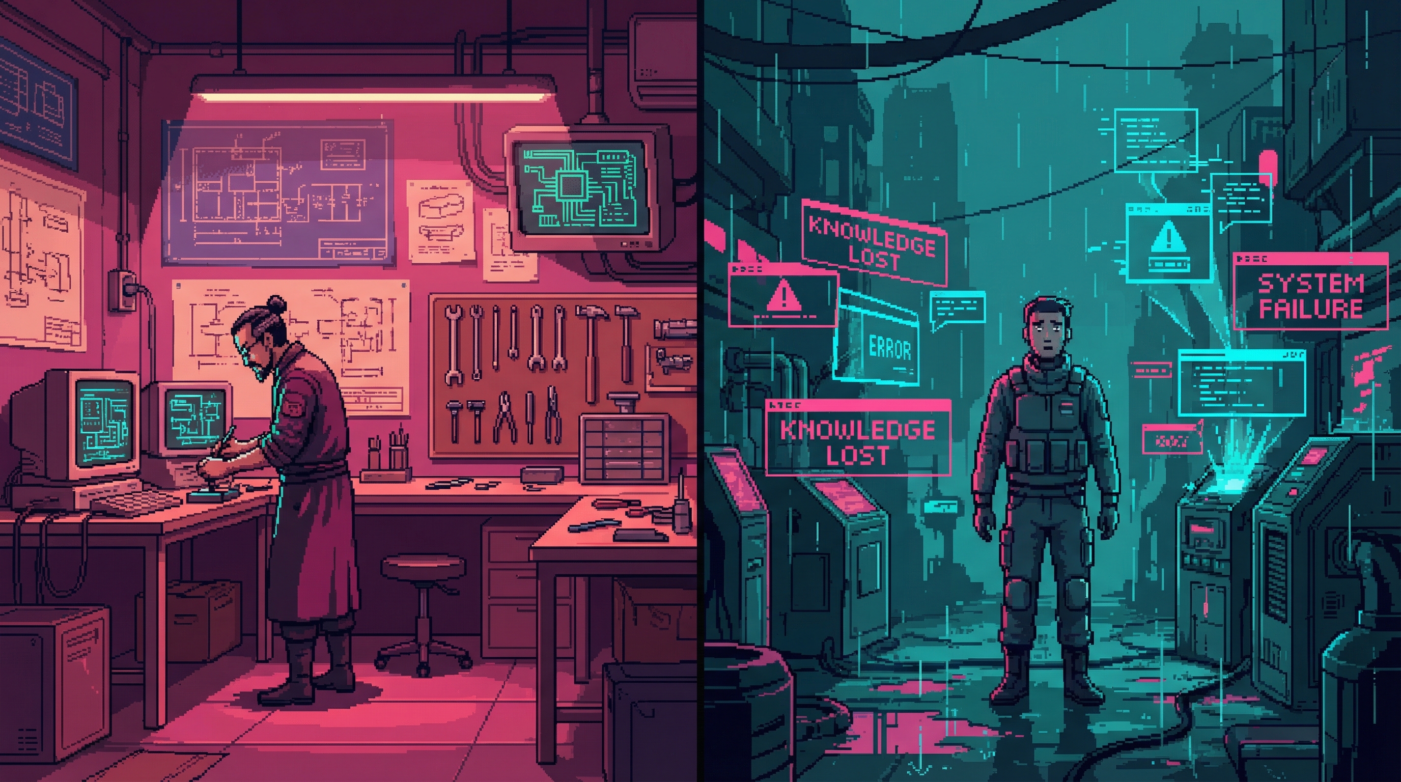Split scene: a master technician's organized workshop versus a modern worker helplessly staring at incomprehensible holographic error messages