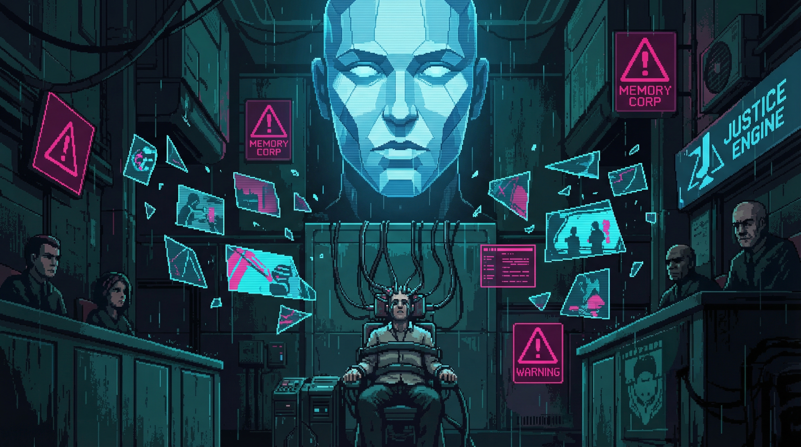 A cyberpunk courtroom where the Justice Engine extracts memories as holographic evidence