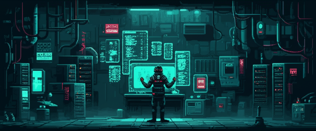 Digital archaeologist in neural shielding examining corrupted holographic data fragments in a dark laboratory