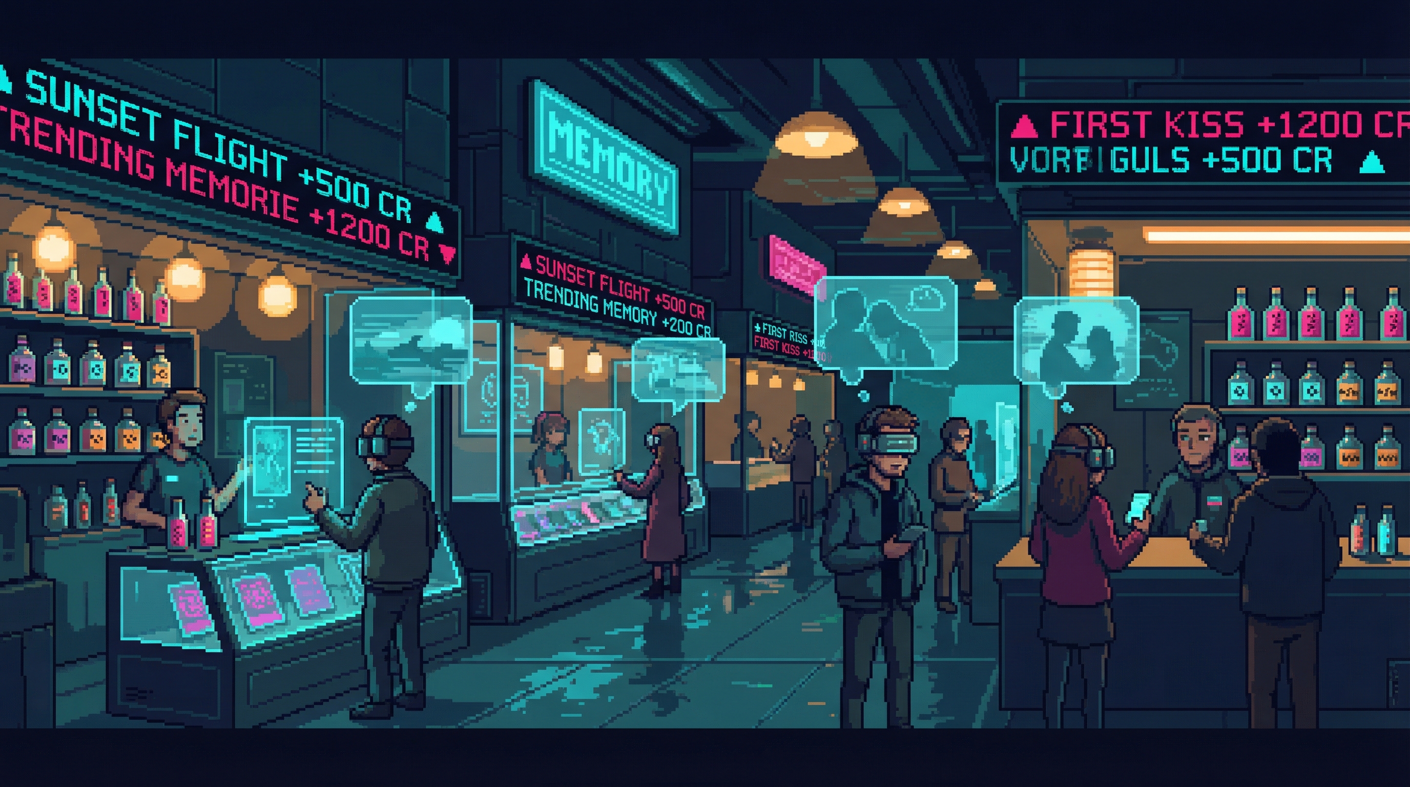 Underground memory market bazaar with glowing memory crystals and holographic displays
