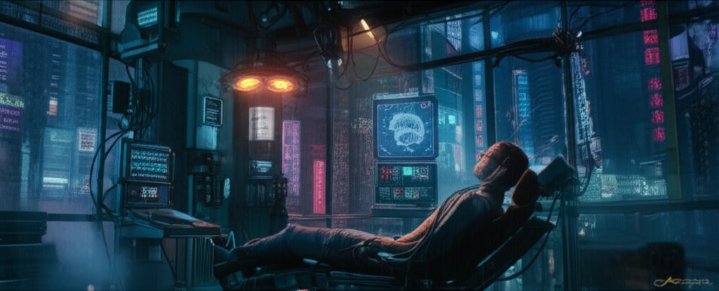 Cyberpunk ripperdoc clinic with neural interface installation in progress