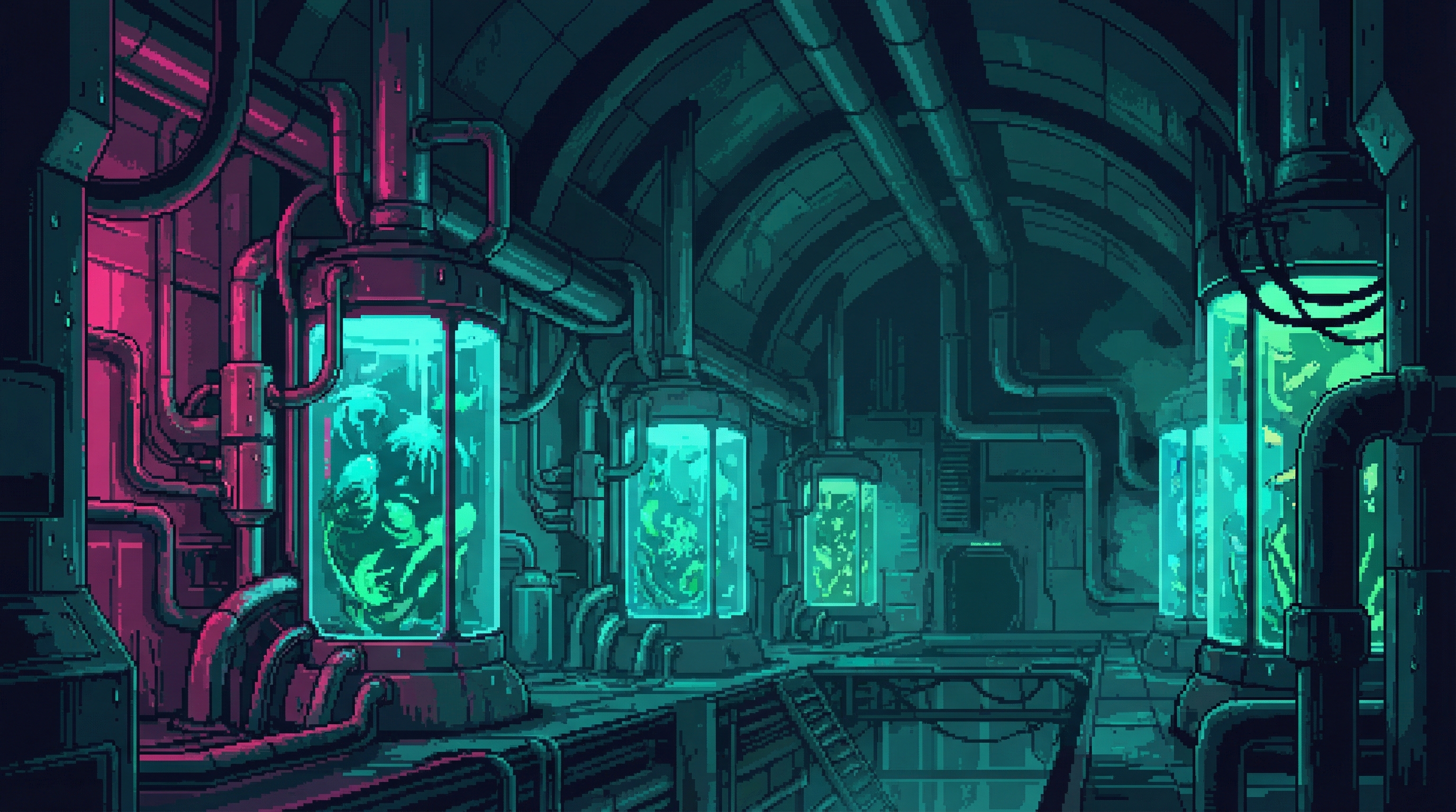 Vast atmospheric processing station interior with cathedral-sized bio-filter chambers glowing bioluminescent green, chemical scrubbing units with tubes and pipes, filtered air ducts disappearing into darkness