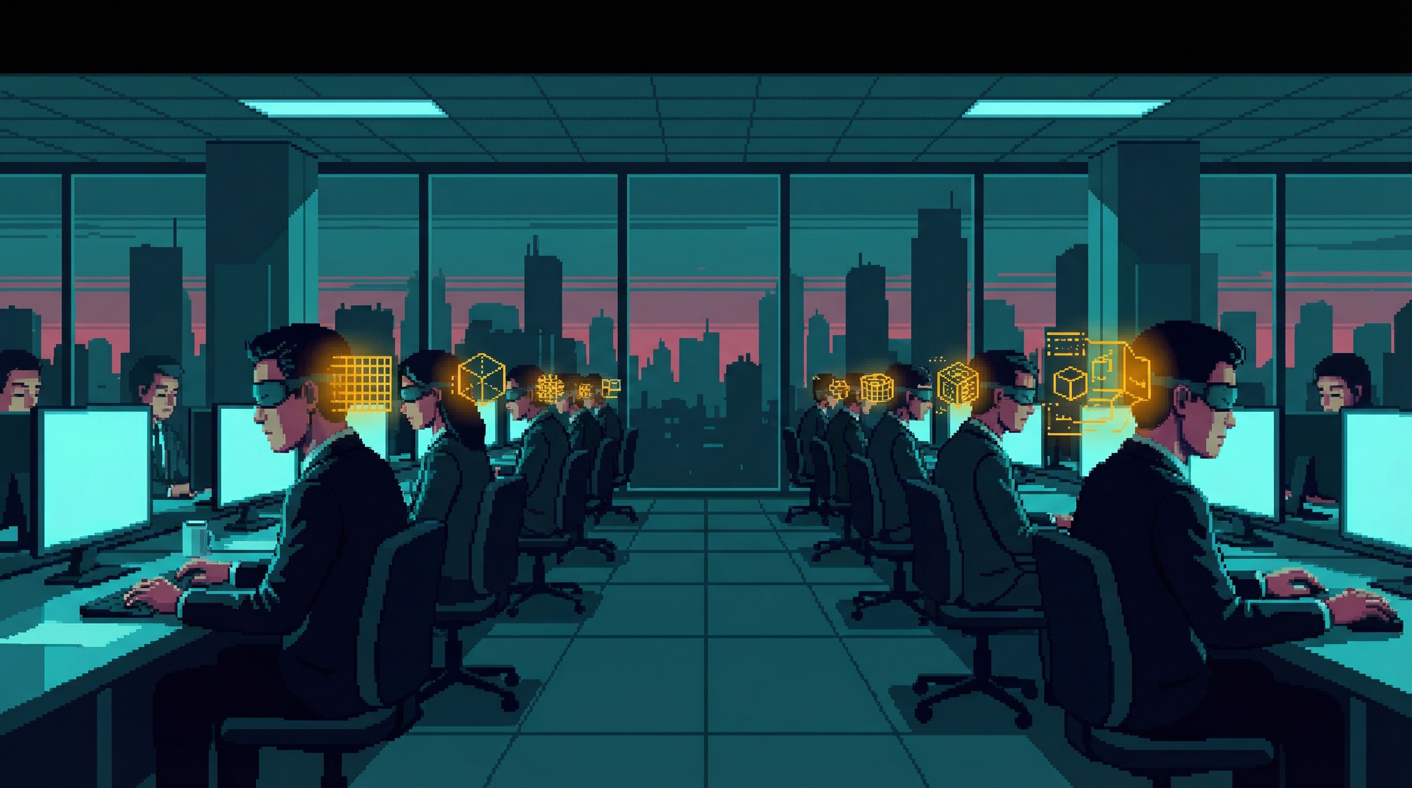 Rows of employees with eyes closed in a pre-dawn corporate workspace, corporate blue light bleeding into neural amber behind their temples, geometric patterns forming behind closed eyelids