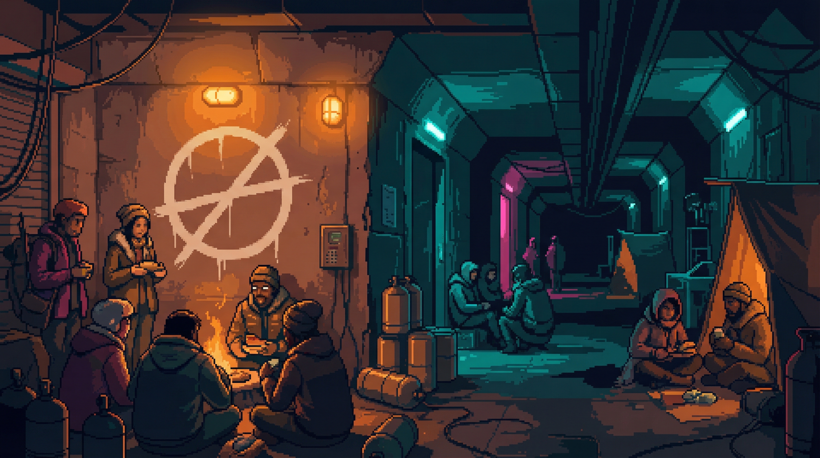 Underground community refuge during infrastructure failure, people huddled around emergency lights with a painted circle-and-line symbol on the wall