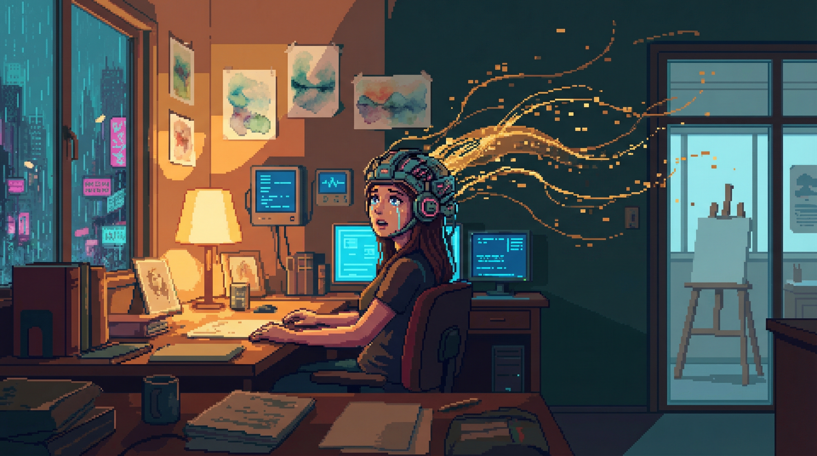 A medical clinic office with a woman wearing a neural interface headset, streams of golden light flowing from the device showing consciousness data, watercolor paintings pinned to the wall
