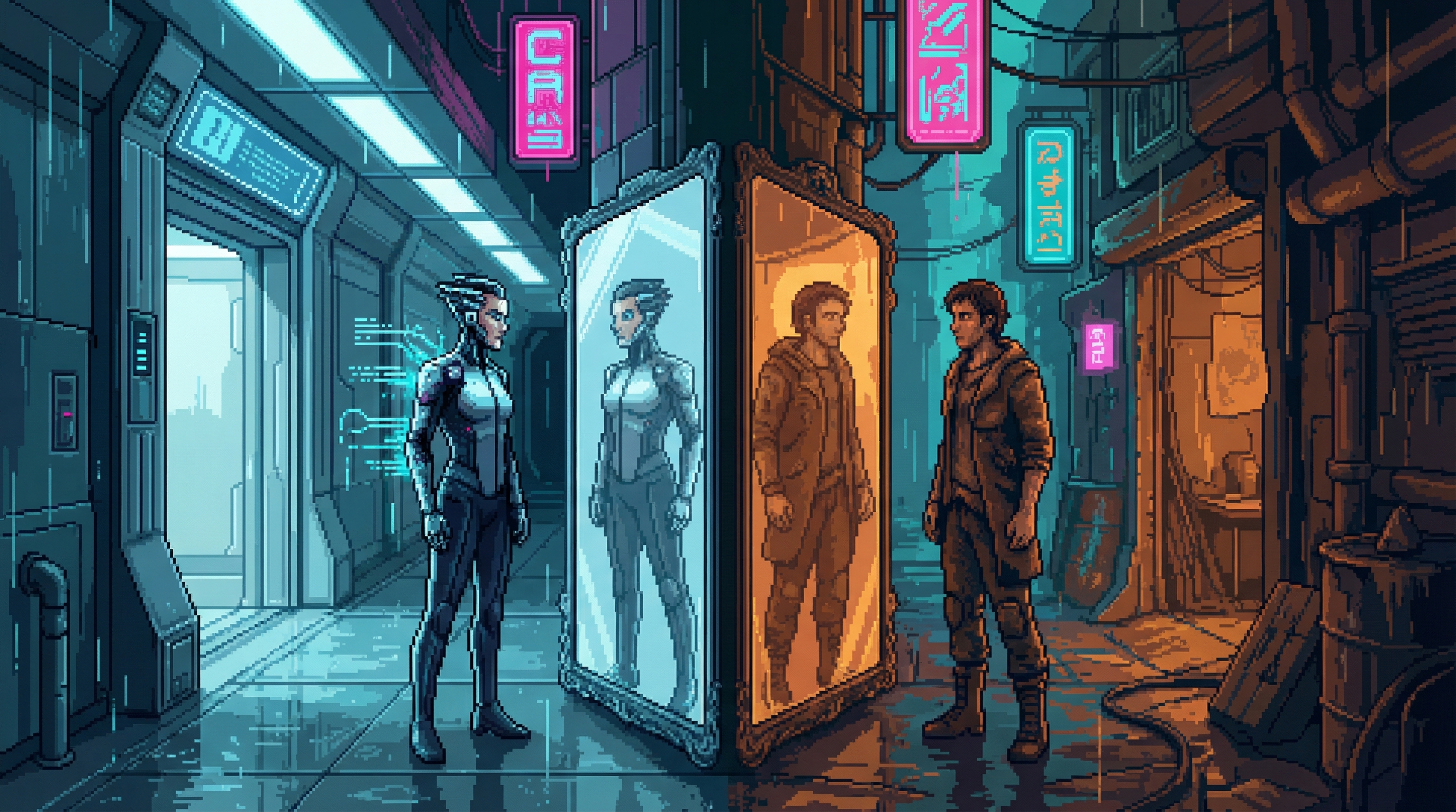 Two figures face each other across a mirror showing different reflections — one side corporate blue-white with sharp augmented features, the other Dregs amber with unaugmented baseline humanity. A gradient from engineered lighting to organic amber stretches between them.