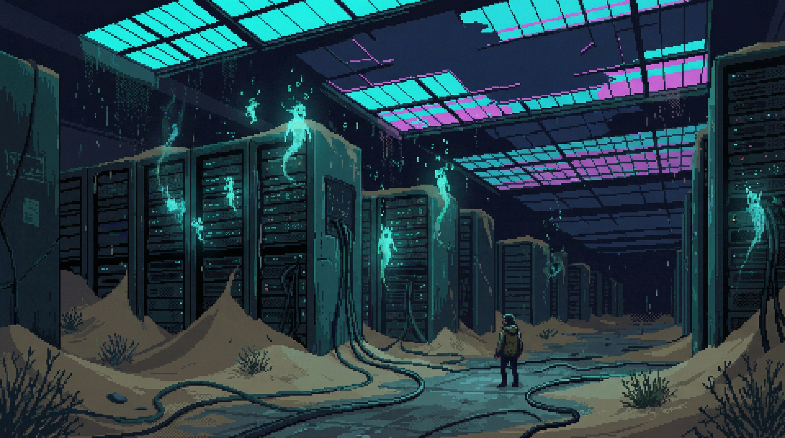 A lone figure stands before rows of ancient server racks in an abandoned data center, ghost data drifting upward like digital spirits