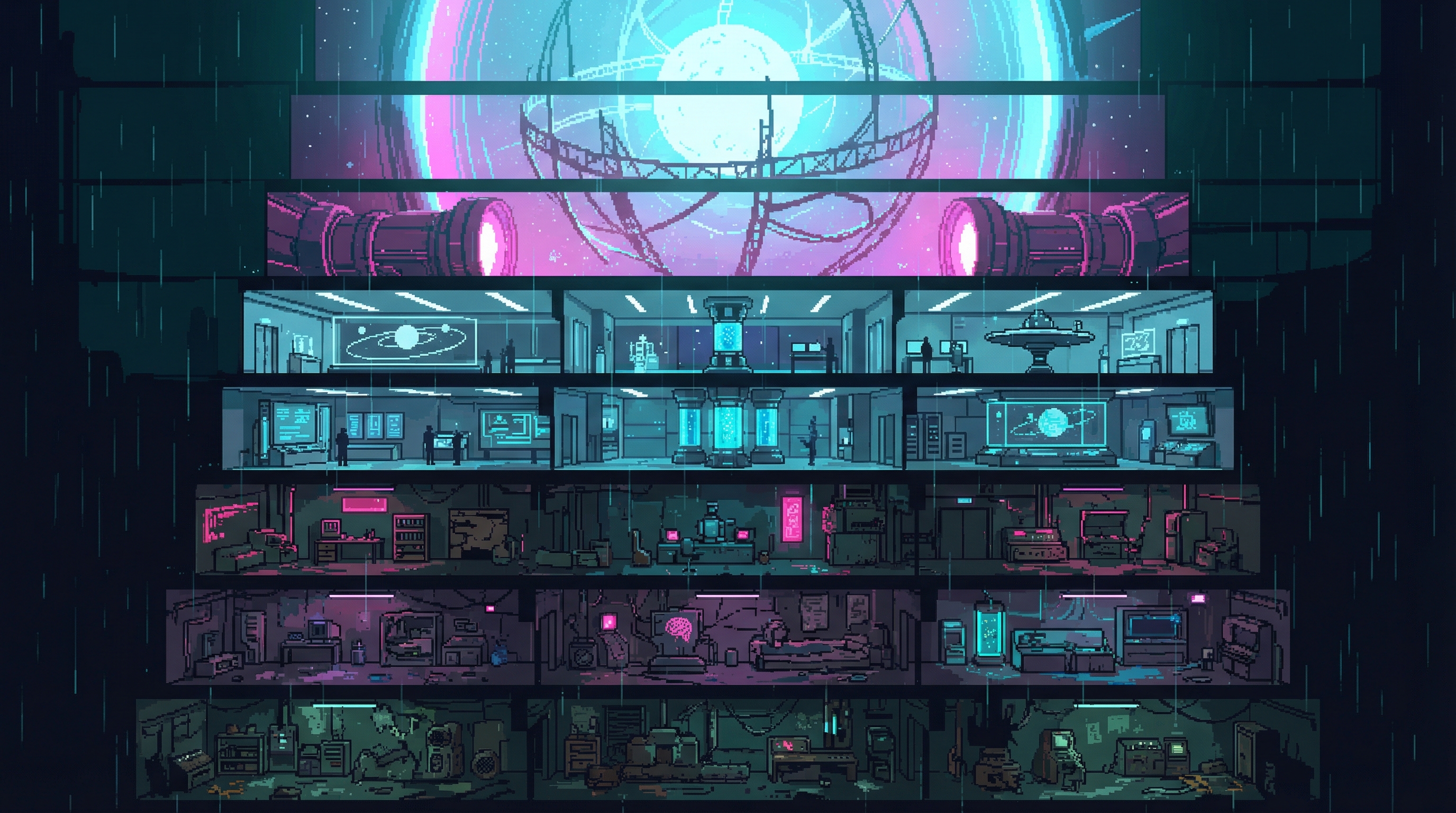 Technological wonders ascending from street-level scrap workshops to cosmic Dyson scaffolds