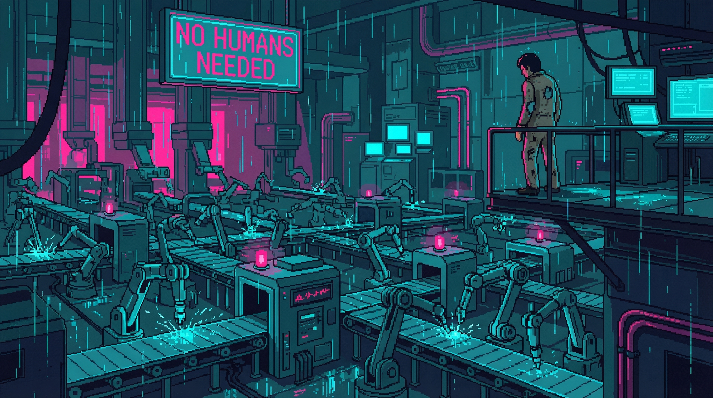 Automated factory floor with robotic arms in perfect sync while a lone human worker watches helplessly from a walkway