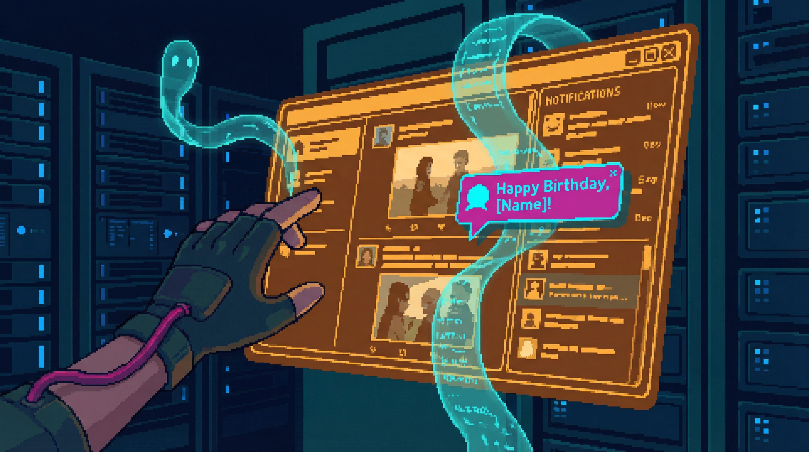 A holographic terminal displaying frozen social media feeds from the pre-Cascade era, ghost code wisps reorganizing the data