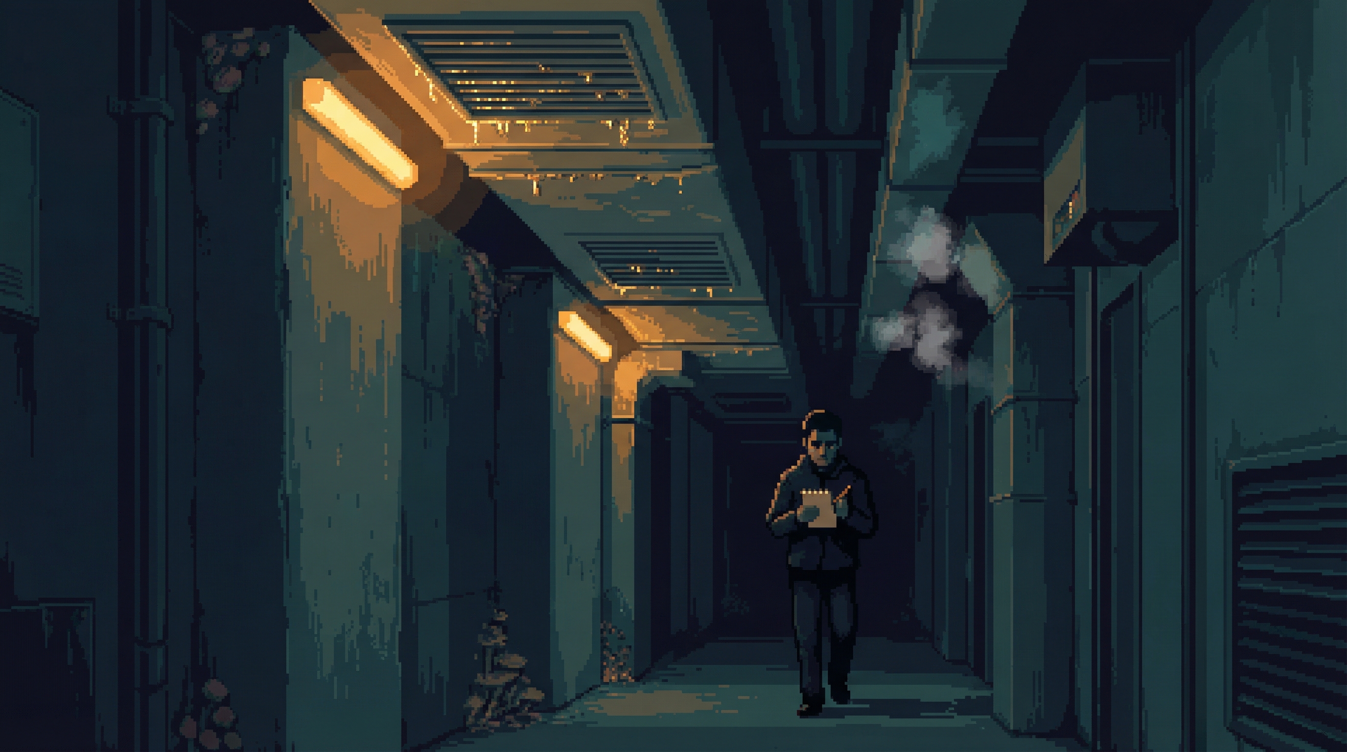 A figure with a paper notepad walks through a dim maintenance corridor, amber emergency lighting casting long shadows past ventilation grates beaded with condensation