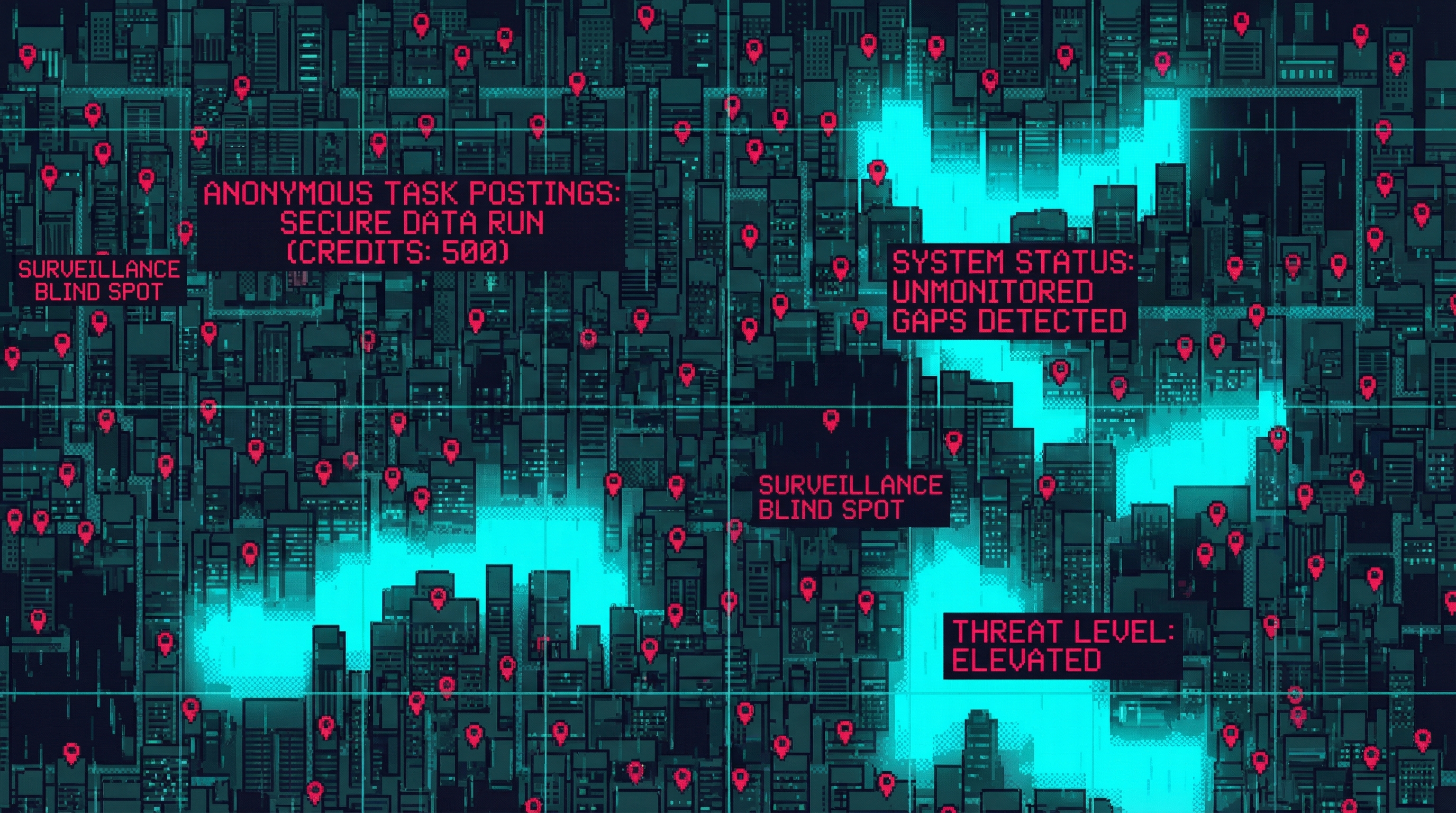 A data visualization showing mapped surveillance blind spots across a section of the Sprawl — red pins on a dark city grid