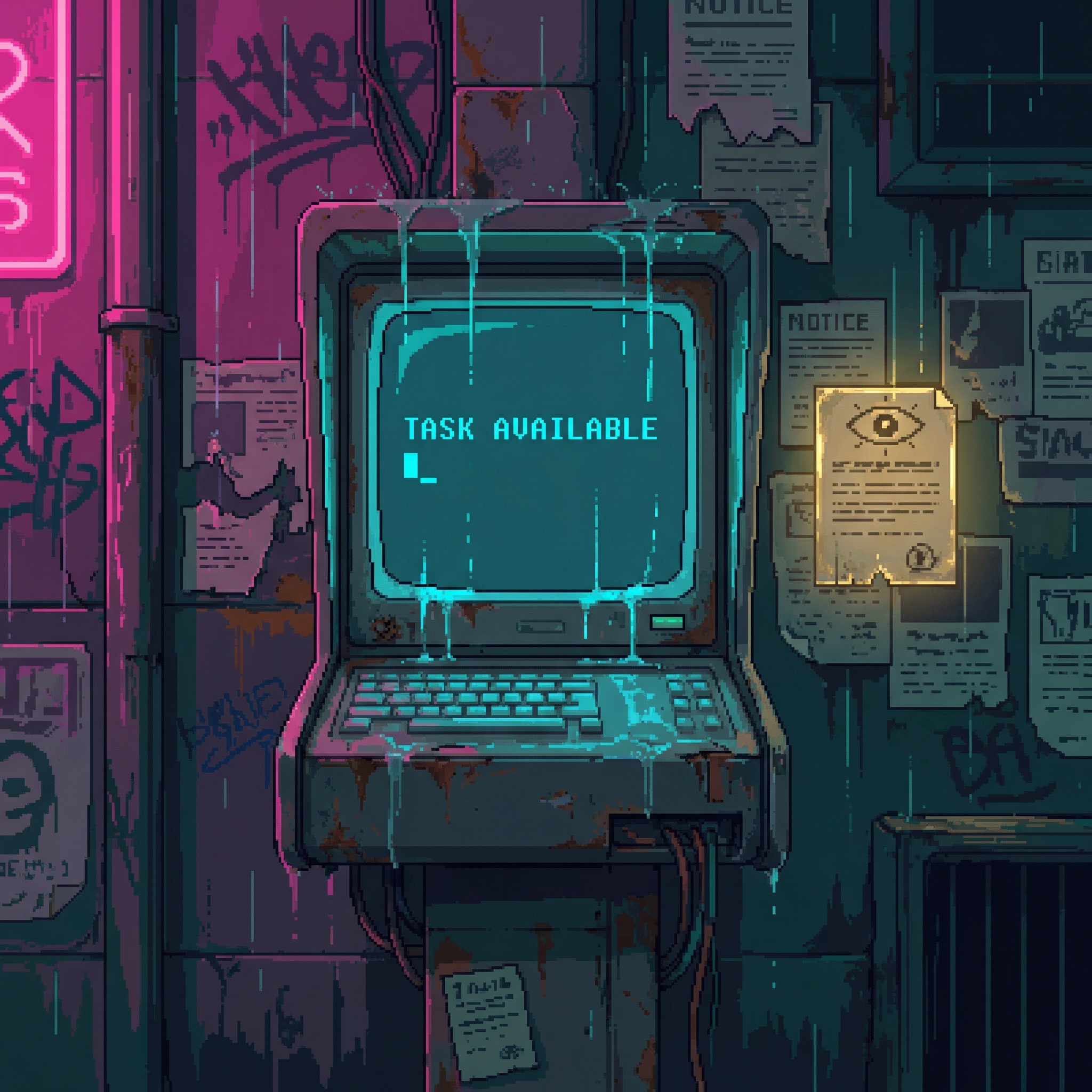A grimy message board terminal displaying TASK AVAILABLE